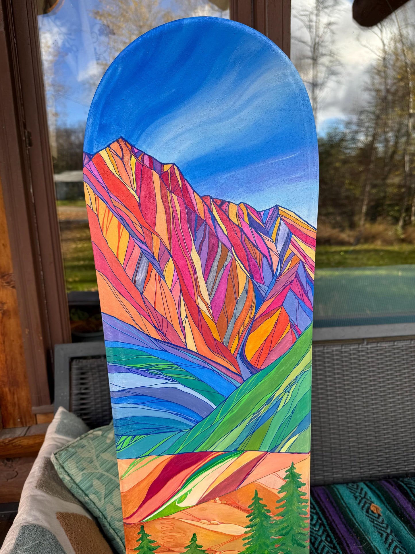 Snowboard art, bold mountains and sweet blueberries painted with acrylics